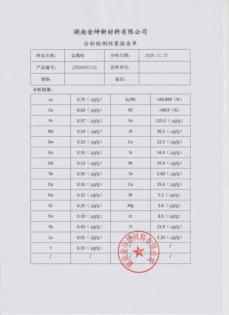 湖南金坤新材料有限公司,金屬鈧,金屬鈧粉,鋁鈧合金,金屬鈧靶,鋁鈧靶材,鋁基靶材,氧化鈧,各類鈧鹽,氟化鈧,貴金屬粉末低氧超細鈦粉,鋯粉,鉿粉,鈮粉,鉭粉